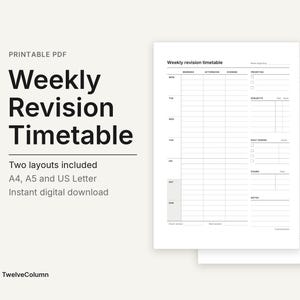 Weekly Revision Timetable, Exam Study Planner (A4, A5, Letter PDF)