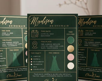 May include: A dark green rectangular bridesmaid proposal card with gold text and borders. It features the name Madison, event details for June 14, 2025, at The Garden Estate, a list of names, a green dress illustration, and four color circles.