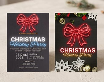 May include: Two rectangular Christmas party invitation cards featuring a red neon-style bow graphic. The left card displays text including 'CHRISTMAS Holiday Party', '25 Dec, 2025', and contact details. The right card shows the same bow with white paper snowflakes.