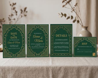 Indische Hochzeitseinladungen in Dunkelgrün (Canva-Vorlage), bearbeitbare Einladung im Desi-Stil, Save-the-Date-Karte, Details & RSVP-Set, Sofort-Download