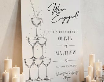 Engagement Party Welcome Sign, Champagne Tower Sign Template, We're Engaged Editable Sign, Engagement Sign Canva Template, Printable Sign