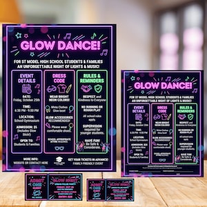 Paquete editable de invitaciones para fiestas con efecto neón, folleto para la noche de baile escolar con formulario de autorización, plantilla de boleto de admisión en Canva.