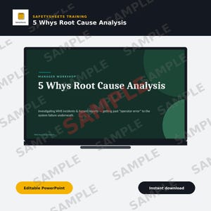 以下が含まれることがあります： 5 Whys Root Cause Analysisというタイトルのデジタルプレゼンテーションスライド。ダークグリーンの背景に白いテキストが配置されています。スライドにはManager Workshopというテキストと、WHSインシデントおよび危険報告の調査に関する説明が含まれています。