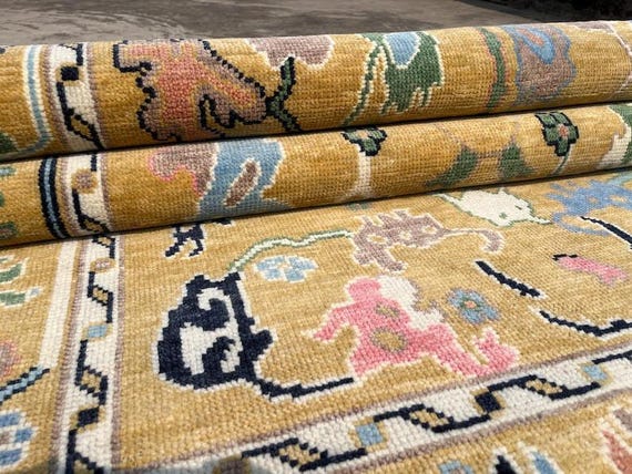 Vintage Oushak Area Rug, Handmade Turkish Wool Rug, Mustard Gold Floral Oriental Carpet, Luxury Traditional Home Decor