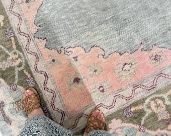 May include: A woven area rug featuring a light blue central field with a large, muted olive green medallion. The border displays a soft pink background with intricate floral motifs in purple, cream, and green, accented by a wavy dark line.