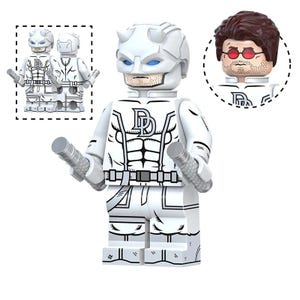 May include: A white plastic minifigure featuring a horned helmet, a chest emblem with the letters DD, and two gray baton accessories. The figure includes an alternate head piece with dark brown hair and red circular glasses, plus a small inset view.