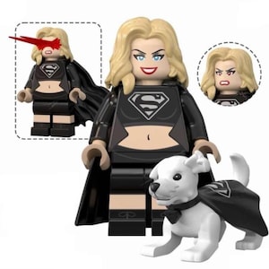 May include: A blonde minifigure wearing a black crop top with a silver S-shield logo, a black skirt, and a black cape, accompanied by a white dog figure wearing a black cape with a silver S-shield logo. Includes alternate head and laser eye effects.