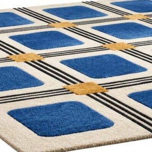 Luxury Blue Beige Geometric Area Rug with Black Parallel Stripes and Golden Brown Accents, Modern Contemporary Designer Carpet