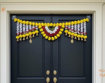 Indian Marigold Toran Door Hanging  | Traditional Bandhanwar with Bells | Diwali Home Decor | Hindu Entrance Decoration | Housewarming Gift