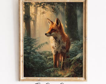 Könnte beinhalten: Ein gerahmter Kunstdruck, der einen Rotfuchs in einem üppigen, grünen Wald mit Farnen und hohen Bäumen zeigt. Die Szene wird von weichem, goldenem Sonnenlicht beleuchtet, das durch das Blätterdach fällt. Der Text Two River Prints ist unten zu sehen.