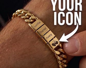 Personalized Mens Bracelet, Custom Name & Icon Steel Chain, Engraved Groomsmen Father Jewelry, Christmas Gift for Boyfriend Husband