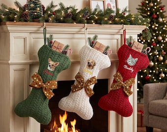 Personalisierter Weihnachtsstrumpf mit Haustierporträt, Hundestrumpf mit Tiergesicht und -namen, gestickter Welpenname, Weihnachtsgeschenk für Katzen und Hunde