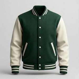 Puede incluir: Una chaqueta universitaria con cuerpo de color verde bosque oscuro y mangas color crema. La chaqueta incluye un cierre frontal con botones a presión, dos bolsillos laterales con ribete crema y puños y dobladillo acanalados con rayas.