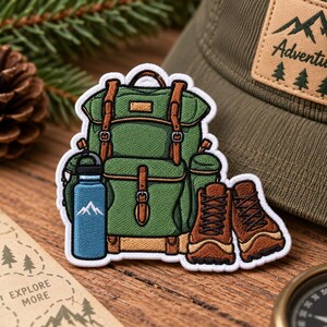 May include: An embroidered patch featuring a green backpack with brown straps, a blue water bottle with a white mountain graphic, and a pair of brown hiking boots. The design is outlined in white thread and depicts outdoor gear.