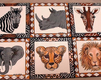 African animal tiles each 6x6" Six of them Lion giraffe Elephant Zebra Cheetah,Rhino