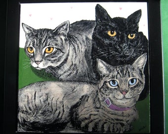 3 CAT Portrait TILE- 8".Framed
