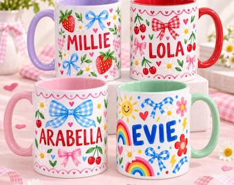 Personalised Kids Mug, Colourful Name Mug, Girls Birthday Gift, Custom Children’s Ceramic Cup, Bows Strawberry Rainbow Mug