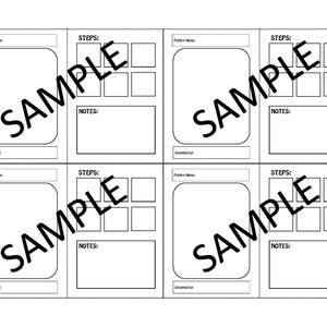 Puede incluir: Una hoja de trabajo imprimible con cuatro secciones, cada una con espacio para un nombre de patrón, un espacio para un dibujo, una sección para pasos con seis casillas en blanco y un espacio para notas.