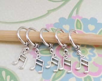Set of 5 Silver Music Note Snag Free Stitch Markers for Knitting,Knitting Marker, Progress Marker, WIP Marker, Fits up to 9mm or US 13