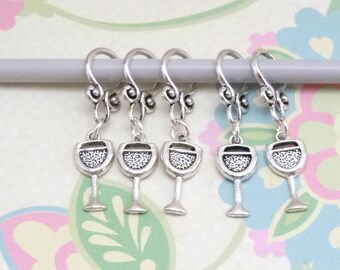 Set of 5 Silver Wine Glass Snag Free Stitch Markers, Knitting Markers, Progress Marker, Knitting Notions, Fits up to 8 mm or US 11