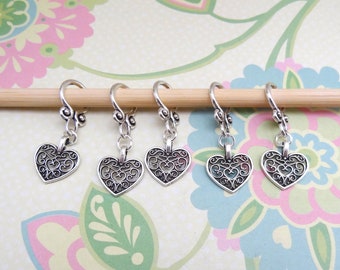 Set of 5 Silver Heart Snag Free Stitch Markers for Knitting, Knitting Marker, Progress Marker, WIP Markers, Fits 8 mm or US 11