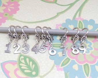 Set of 9 Silver Numbers "1 - 9" Snag Free Knitting Markers, Progress Marker, Knitting Notions, Fits up to 8 mm or US 11