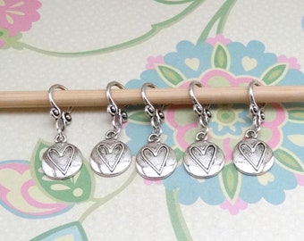 Set of 5 Silver Heart Snag Free Stitch Markers for Knitting, Knitting Marker, Progress Marker, WIP Markers, Fits 8 mm or US 11