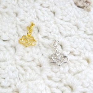 Set of 5 Gold or Silver Infinity Heart Stitch Markers for Crochet, Knitting Marker, Progress Marker, Removable Stitch Marker, WIP Marker image 1