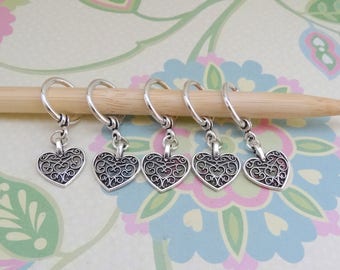 Set of 5 Silver Heart Snag Free Stitch Markers, Knitting Marker, Progress Marker, WIP Marker,Knittng Notions,Fits up to 9.0 mm (US-13)