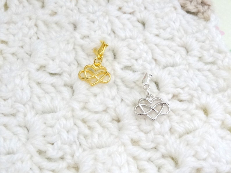 Set of 5 Gold or Silver Infinity Heart Stitch Markers for Crochet, Knitting Marker, Progress Marker, Removable Stitch Marker, WIP Marker image 1