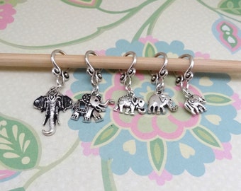 Set of 5 Silver Boho Elephant Snag Free Stitch Markers for Knitting, Knitting Marker, Progress Marker, WIP Markers, Fits 8 mm or US 11