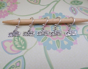 Set of 5 Silver I love Knitting Snag Free Stitch Markers for Knitting, Knitting Marker, Progress Marker, WIP Marker, Fits up to 9mm or US 13