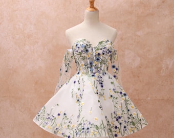 HZ97, Mini Wedding Dress, Off Shoulder Sweetheart Corset Boho Bridal Gown, Floral Tulle Short Reception After Party Dress