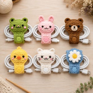 Patrón PDF para sujetar cables de ganchillo – Sujetacables de animales y flores de amigurumi, ganchillo simple para principiantes, juego de 6, 11,4 cm (4,5 pulgadas)