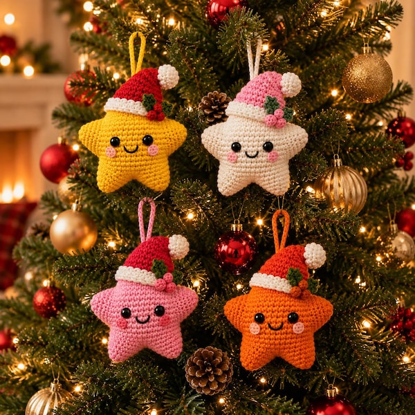 May include: Four crocheted star ornaments with smiling faces, each wearing a small Santa hat with a white pom-pom and green holly leaves. The stars are yellow, white, pink, and orange, and each features a matching yarn loop for hanging.