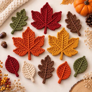 Mönster för virkad höstlöv i PDF-stil, höstapplikation, lönn- och eklöv, höstgirlang, underlägg, nybörjardekor, Thanksgiving-present, nedladdning