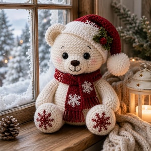 May include: A cream-colored crocheted teddy bear wearing a dark red Santa hat with a white pom-pom, a white snowflake accent, and a sprig of holly. The bear has a matching dark red scarf and foot pads, each decorated with a white snowflake design.
