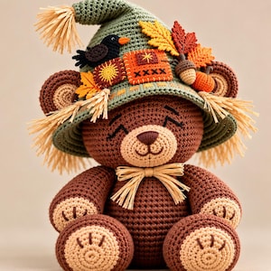Crochet Scarecrow Bear Pattern, Amigurumi Teddy Bear PDF, Autumn Harvest Decor (Digital Download)