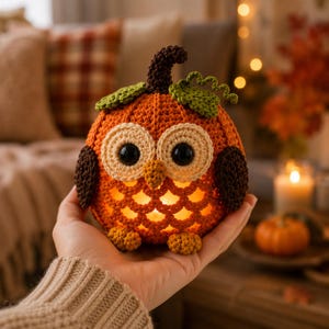 Virkat mönster för uggla, pumpalykta i PDF-format, amigurumi, höstdekor, halloweenljusstake