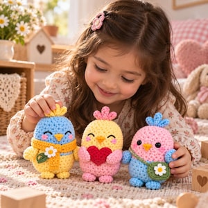 May include: Three small, round, crocheted bird figures. The left bird is blue and yellow with a yellow scarf and white flower. The middle bird is yellow and pink holding a red heart. The right bird is pink and blue with a green bag and white flower.