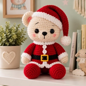 Virkmönster för jultomten i PDF-format, amigurumi-nalle, tomtemössa och kostym, handledning för avancerad nybörjare och julklappsplysch