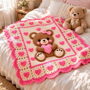 May include: A cream-colored crochet blanket featuring a central brown teddy bear holding a pink heart, adorned with a pink bow. The border is decorated with a repeating pattern of small pink crochet hearts and a scalloped pink edge.