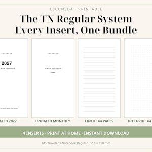 May include: A digital bundle of four printable planner inserts for a Traveler's Notebook Regular measuring 110 x 210 mm. Includes a 2027 dated monthly planner, an undated monthly planner, a 64-page lined insert, and a 64-page dot grid insert.