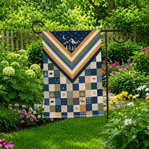 Mountain Night Garden Flag, Rustic Moon Pine Forest Chevron Patchwork Outdoor Yard Flag, Cabin Porch and Campsite Decor