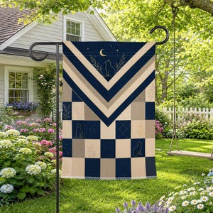 Cat Moon Garden Flag, Navy Beige Chevron Patchwork Pet Lover Outdoor Yard Flag, Minimal Rustic Porch and Garden Decor