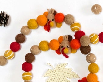 Gobble Gobble Turkey Felt Ball Garland, Fall Pom Pom Garland, Winter Decor, Felt Balls, Party Decor, Rustic Decor, Thanksgiving