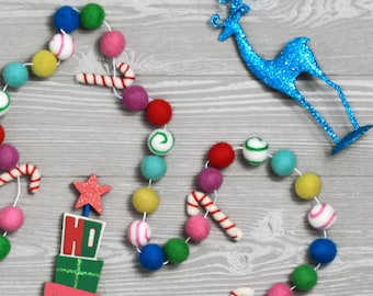 Candy Cane Whimsy Felt Ball Garland, Christmas Pom Pom Garland, Winter Decor, Felt Balls, Party Decor, Rustic Decor, Peppermint Felt Balls