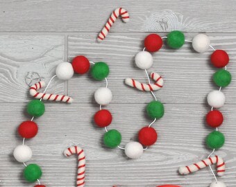 Candy Cane Forest Felt Ball Garland, Christmas Pom Pom Garland, Winter Decor, Felt Balls, Party Decor, Rustic Decor, Peppermint Felt Balls