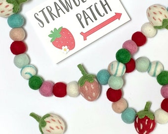 Strawberry Summer Felt Ball Garland, Summer Pom Pom Garland, Spring Decor, Felt Ball, Party Decor, Rustic Decor, Strawberries and Felt Balls