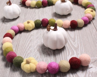 Pumpkin Bouquet Felt Ball Garland, Fall Pom Pom Garland, Fall Decor, Felt Balls, Party Decor, Rustic Fall Decor, Pumpkins and Felt Balls